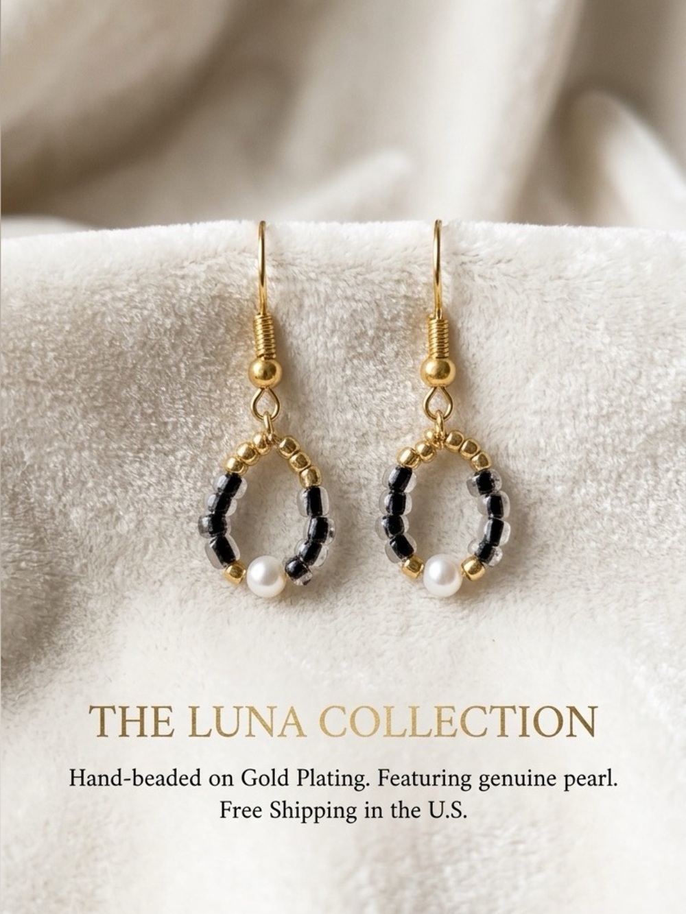 ❤️Gold-Plated Black Bead & Pearl Hoop Earrings